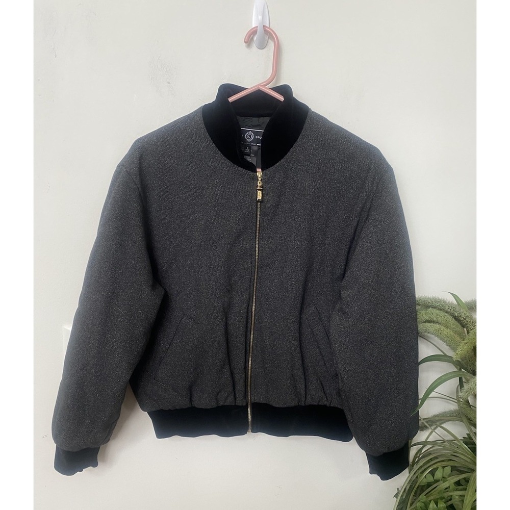 St‎ John Sport Gray Bomber Jacket Velvet Collar Quiet Luxury Preppy Coat S